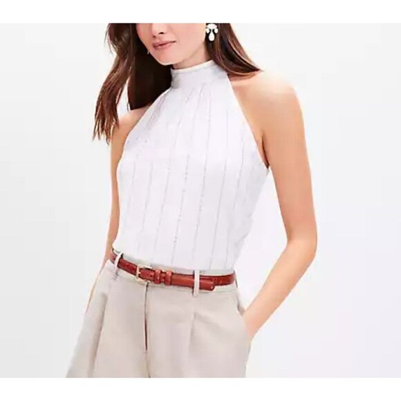 Ann Taylor Loft Tops - LOFT Blouse Size S Cream Halter Top Gold Stripes High Neck Lined Modern Chic